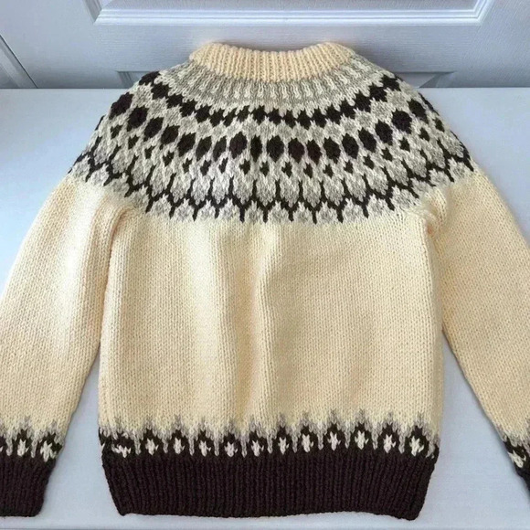 Hand Knit Cardigan Button Up Sweater Fair Isle Yellow and Brown  Size Small - Picture 10 of 13